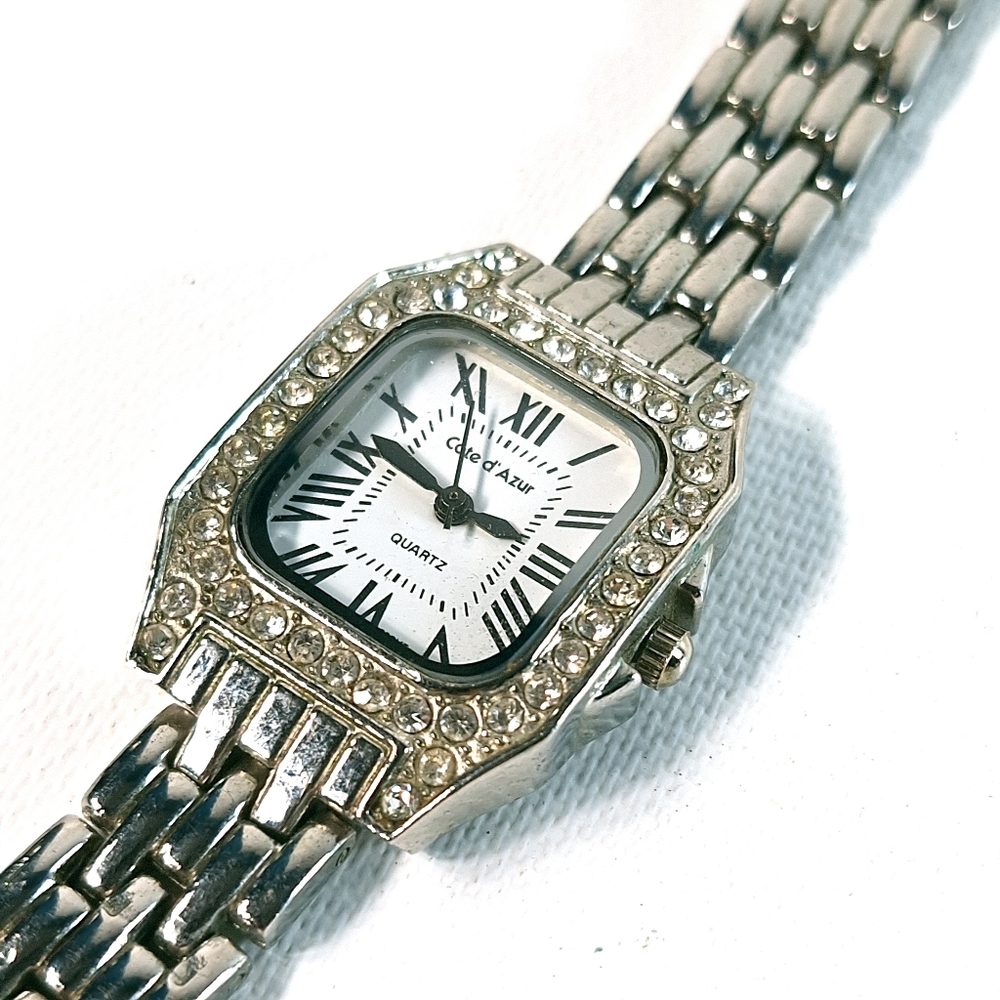 Cote D'Azur Silver Tone Crystal Bezel Ladies Quartz Watch, New Battery
